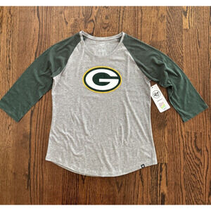 '47 Women Green Bay Packers Slate Gray Large Logo Baseball 3/4 Sleeve Top M L XL